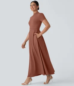 Maxi & Midi Dresses|Dresses<HALARA Stand Collar Short Sleeve Pocket Flare Maxi Casual Dress