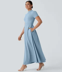 Maxi & Midi Dresses|Dresses<HALARA Stand Collar Short Sleeve Pocket Flare Maxi Casual Dress