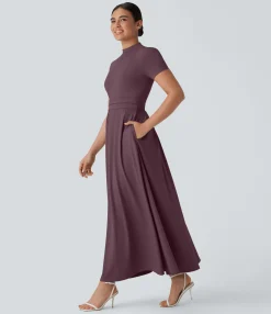 Maxi & Midi Dresses|Dresses<HALARA Stand Collar Short Sleeve Pocket Flare Maxi Casual Dress