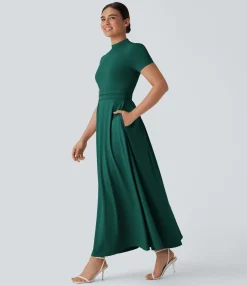 Maxi & Midi Dresses|Dresses<HALARA Stand Collar Short Sleeve Pocket Flare Maxi Casual Dress