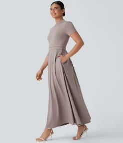 Maxi & Midi Dresses|Dresses<HALARA Stand Collar Short Sleeve Pocket Flare Maxi Casual Dress