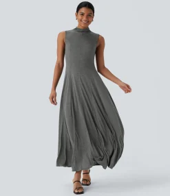 Dresses|Maxi & Midi Dresses<HALARA Stand Collar Sleeveless Flowy Midi Dress