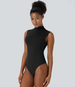 Bodysuits<HALARA Stand Collar Sleeveless Plain Casual Bodysuit