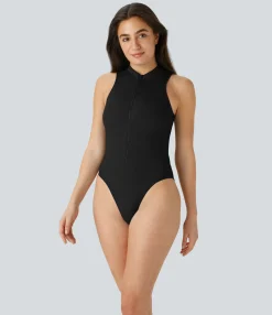 Beachwear<HALARA Stand Collar Sleeveless Zipper One Piece Swimsuit