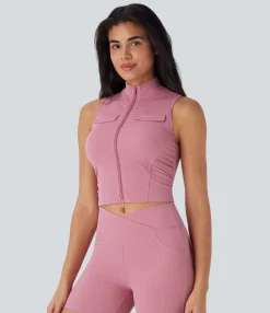 Tank Tops & Camis|Tank Tops<HALARA Stand Collar Zipper Ruched Skinny Cropped Waffle Yoga Tank Top