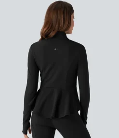 Jackets & Outerwear<HALARA Stand Collar Zipper Thumb Hole Ruffle Hem Slim Jacket with Pockets