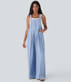 Jumpsuits<HALARA Stripe Wide Leg Flowy Casual Linen-Feel Overalls with Pockets