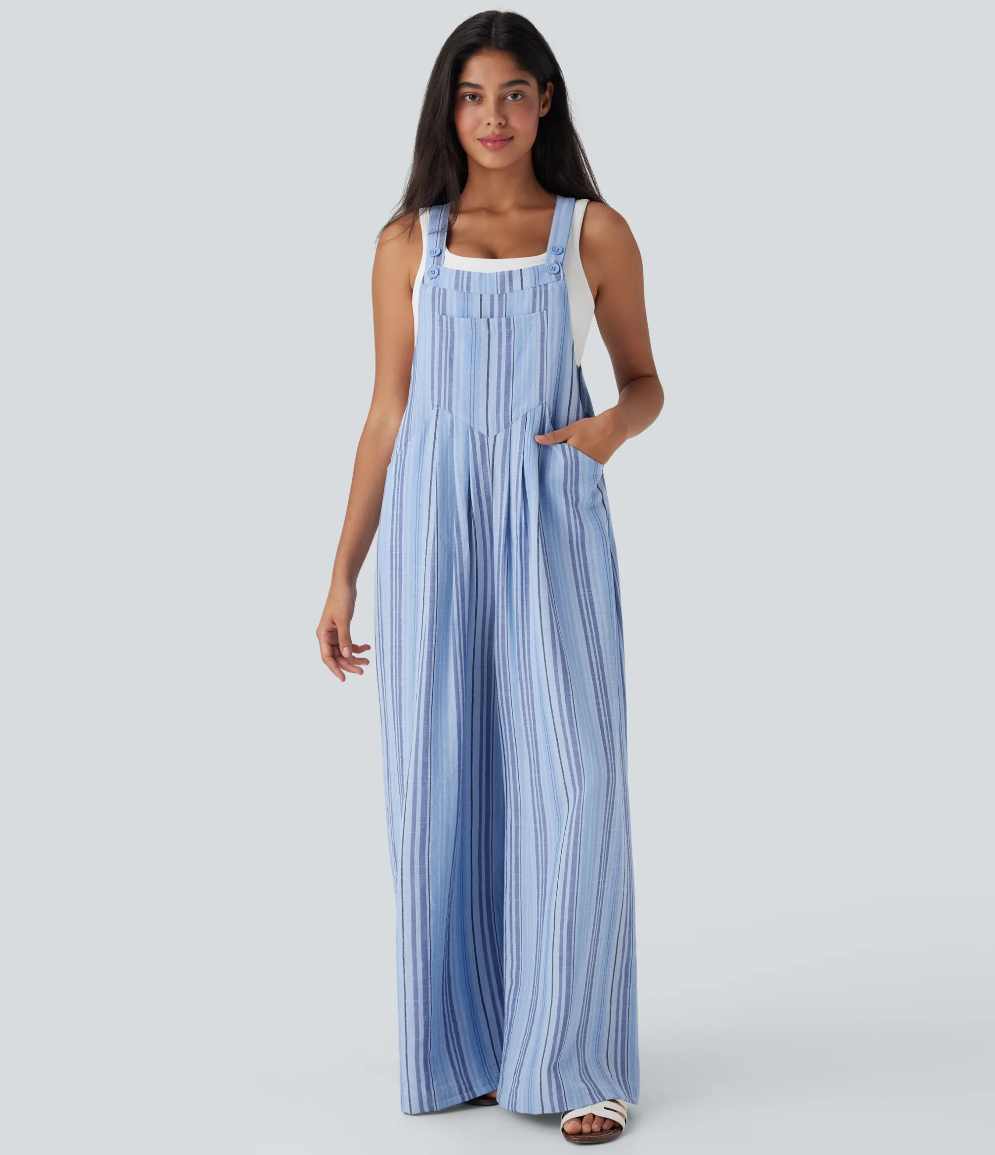 Jumpsuits<HALARA Stripe Wide Leg Flowy Casual Linen-Feel Overalls with Pockets