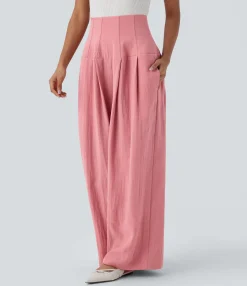 High-Waisted Pants|Wide-Leg Pants<HALARA Super High Waisted Shirred Pockets Wide Leg Work Linen-Feel Pants