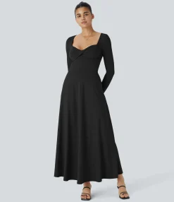 Maxi & Midi Dresses|Dresses<HALARA Sweetheart Neck Long Sleeve Pocket Flare Flowy Maxi Dress