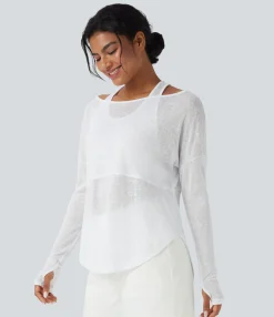 Sports Tops|Sports Tops<HALARA Thumb Hole High Low Curved Hem 2-in-1 Yoga Sports Top