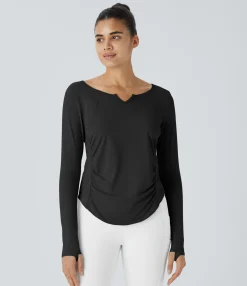 Yoga Tops|Sports Tops<HALARA Thumb Hole Ruched Curved Hem Yoga Sports Top