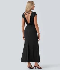 Dresses|Party Dresses<HALARA Tie Back Cowl Neck Cap Sleeve Maxi Dress