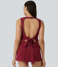 Casual Tops|Tank Tops & Camis<HALARA Tie Back Cropped Casual Linen-Feel Tank Top