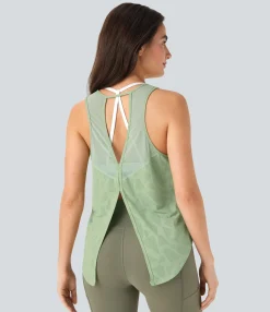 Yoga Tops|Tank Tops & Camis<HALARA Tie Back Hem Contrast Mesh Yoga Tank Top