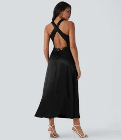 Maxi & Midi Dresses|Dresses<HALARA Tie Back Ruched Maxi Satin Dress