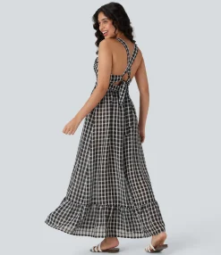 Maxi & Midi Dresses|Dresses<HALARA Tie Back Ruffle Hem Plaid Flowy Maxi Casual Dress