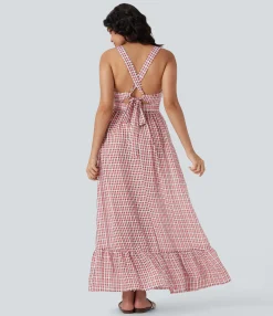 Maxi & Midi Dresses|Dresses<HALARA Tie Back Ruffle Hem Plaid Flowy Maxi Casual Dress