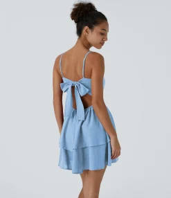 Dresses|Mini Dresses<HALARA Tie Back Tiered Ruffle Flowy Slip Mini Casual Linen-Feel Dress
