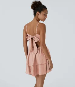 Dresses|Mini Dresses<HALARA Tie Back Tiered Ruffle Flowy Slip Mini Casual Linen-Feel Dress