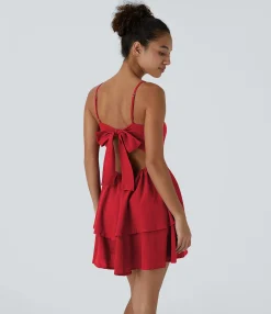 Dresses|Mini Dresses<HALARA Tie Back Tiered Ruffle Flowy Slip Mini Casual Linen-Feel Dress