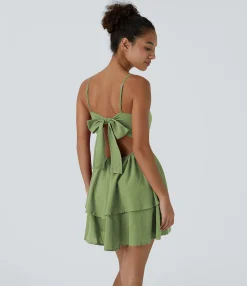 Dresses|Mini Dresses<HALARA Tie Back Tiered Ruffle Flowy Slip Mini Casual Linen-Feel Dress