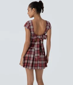 Dresses|Mini Dresses<HALARA Tie Back U Neck Plaid Pleated Hem Mini Casual Dress