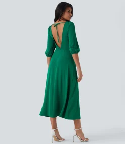 Maxi & Midi Dresses|Dresses<HALARA Tie Back Zipper Puff Sleeve Dress