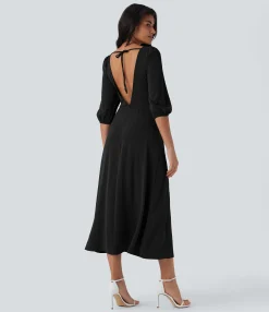 Maxi & Midi Dresses|Dresses<HALARA Tie Back Zipper Puff Sleeve Dress