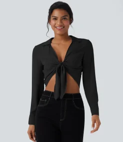 Casual Tops|Shirts Blouses<HALARA Tie Front Long Sleeve Cropped Casual Blouse