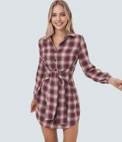 Mini Dresses|Dresses<HALARA Tie Front Long Sleeve Plaid Mini Casual Dress