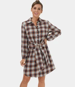 Mini Dresses|Dresses<HALARA Tie Front Long Sleeve Plaid Mini Casual Dress
