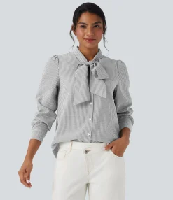 Casual Tops|Shirts Blouses<HALARA Tie Front Long Sleeve Stripe Casual Shirt