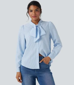 Casual Tops|Shirts Blouses<HALARA Tie Front Long Sleeve Stripe Casual Shirt