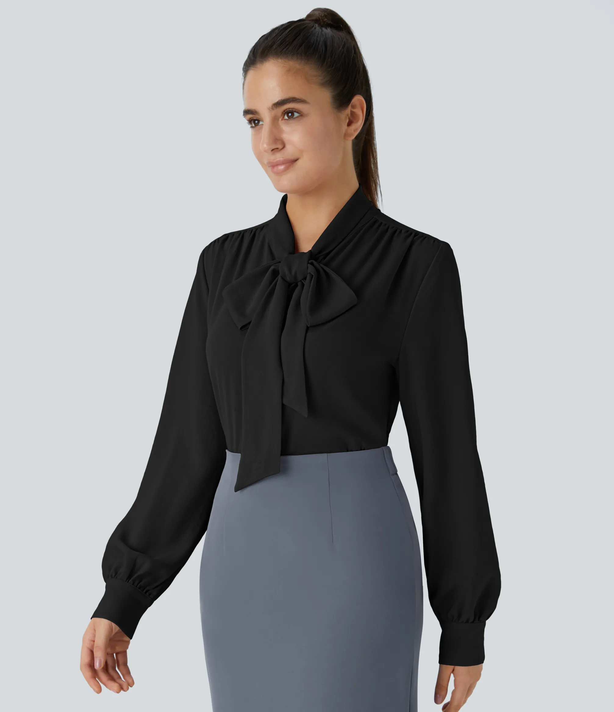 Work Tops|Shirts Blouses<HALARA Tie Neck Long Sleeve Work Blouse