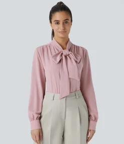Work Tops|Shirts Blouses<HALARA Tie Neck Long Sleeve Work Blouse