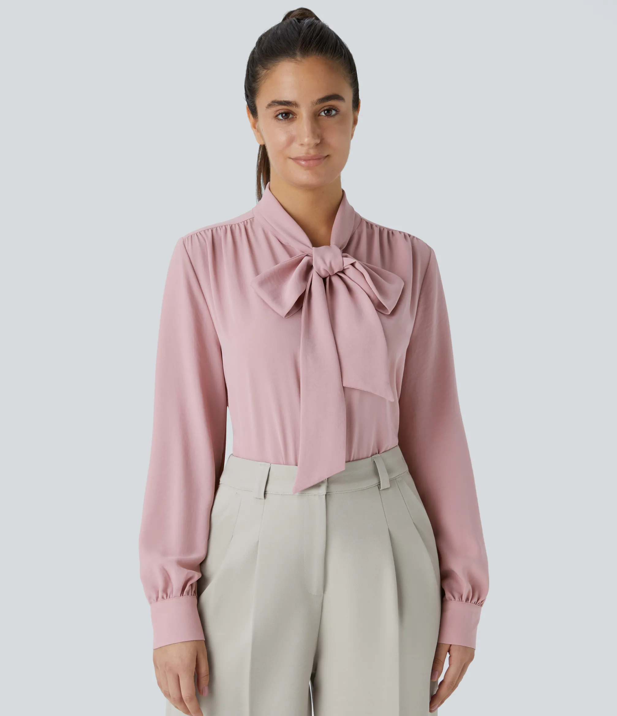 Work Tops|Shirts Blouses<HALARA Tie Neck Long Sleeve Work Blouse