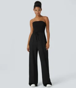Jumpsuits<HALARA Tube Shirred Knot Pocket Wide Leg Casual Jumpsuit