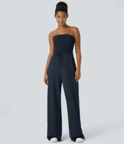 Jumpsuits<HALARA Tube Shirred Knot Pocket Wide Leg Casual Jumpsuit