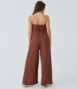 Jumpsuits<HALARA Tube Shirred Tie Back Wide Leg Jumpsuit