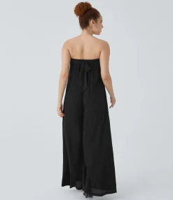 Jumpsuits<HALARA Tube Shirred Tie Back Wide Leg Jumpsuit