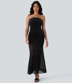 Dresses|Maxi & Midi Dresses<HALARA Tube Tie Front Bodycon Mermaid Velvet Mesh Maxi Dress
