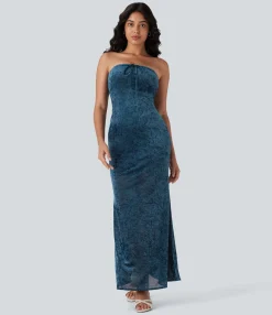 Dresses|Maxi & Midi Dresses<HALARA Tube Tie Front Bodycon Mermaid Velvet Mesh Maxi Dress