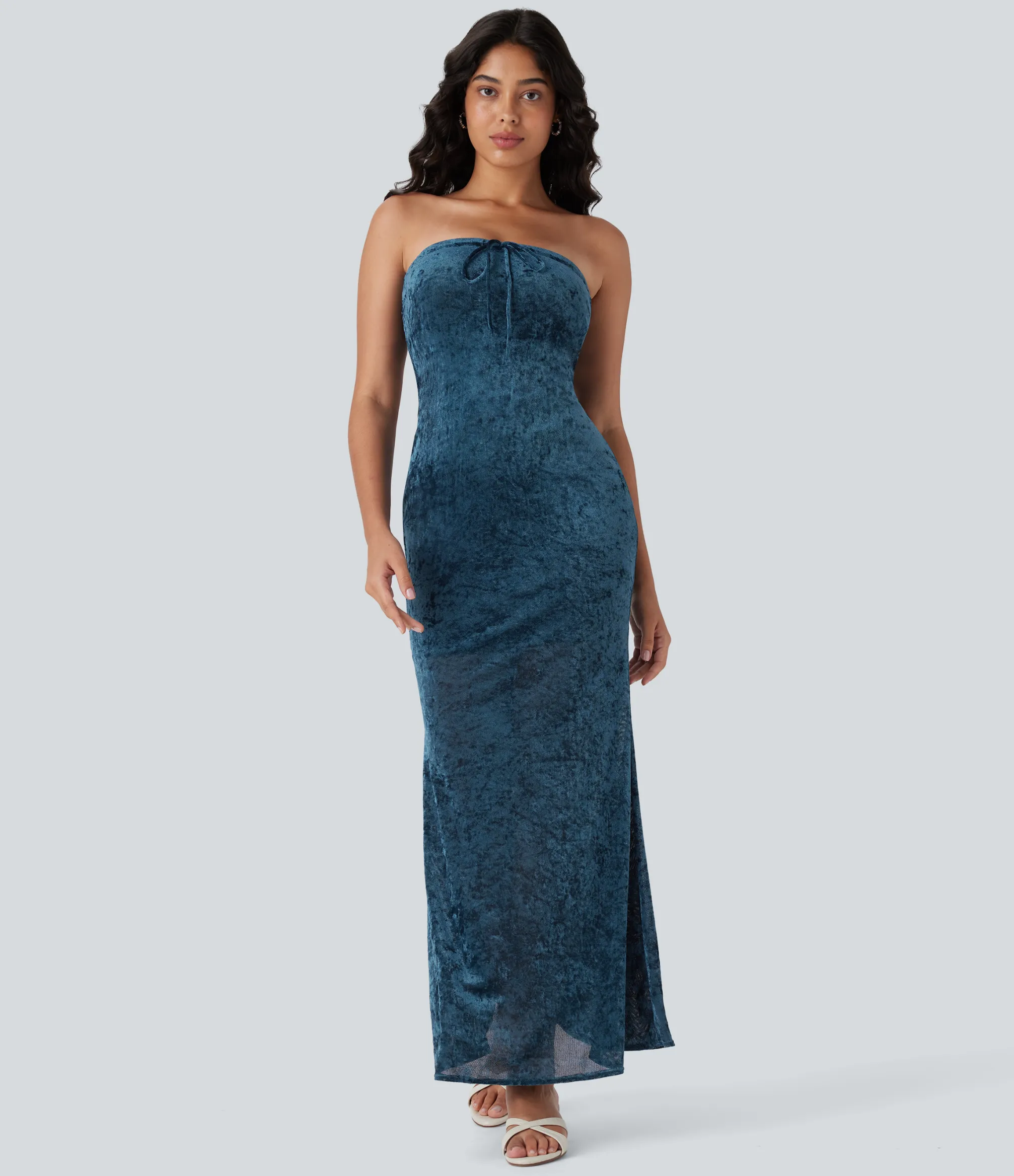 Dresses|Maxi & Midi Dresses<HALARA Tube Tie Front Bodycon Mermaid Velvet Mesh Maxi Dress