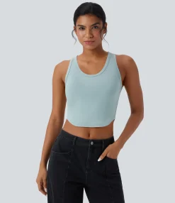 Casual Tops|Tank Tops & Camis<HALARA U Neck Curved Hem Cropped Casual Tank Top