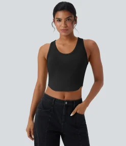 Casual Tops|Tank Tops & Camis<HALARA U Neck Curved Hem Cropped Casual Tank Top