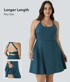 Plus Size<HALARA U Neck Cut Out 2-in-1 Pocket Mini Barre Ballet Dance Plus Size Dress-Longer Length