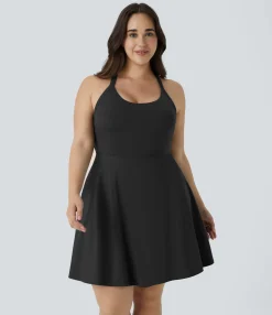 Plus Size<HALARA U Neck Cut Out 2-in-1 Pocket Mini Barre Ballet Dance Plus Size Dress-Longer Length