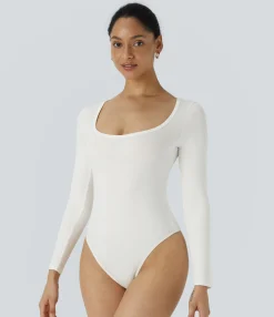 Work Tops|Bodysuits<HALARA U Neck Long Sleeve Snap Skinny Work Bodysuit