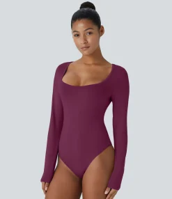 Work Tops|Bodysuits<HALARA U Neck Long Sleeve Snap Skinny Work Bodysuit